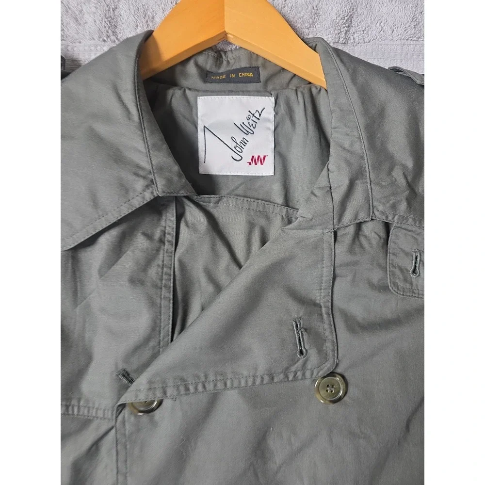 John Weitz Vtg Mens Double Breasted Trench Coat 42L Olive Grey Duster